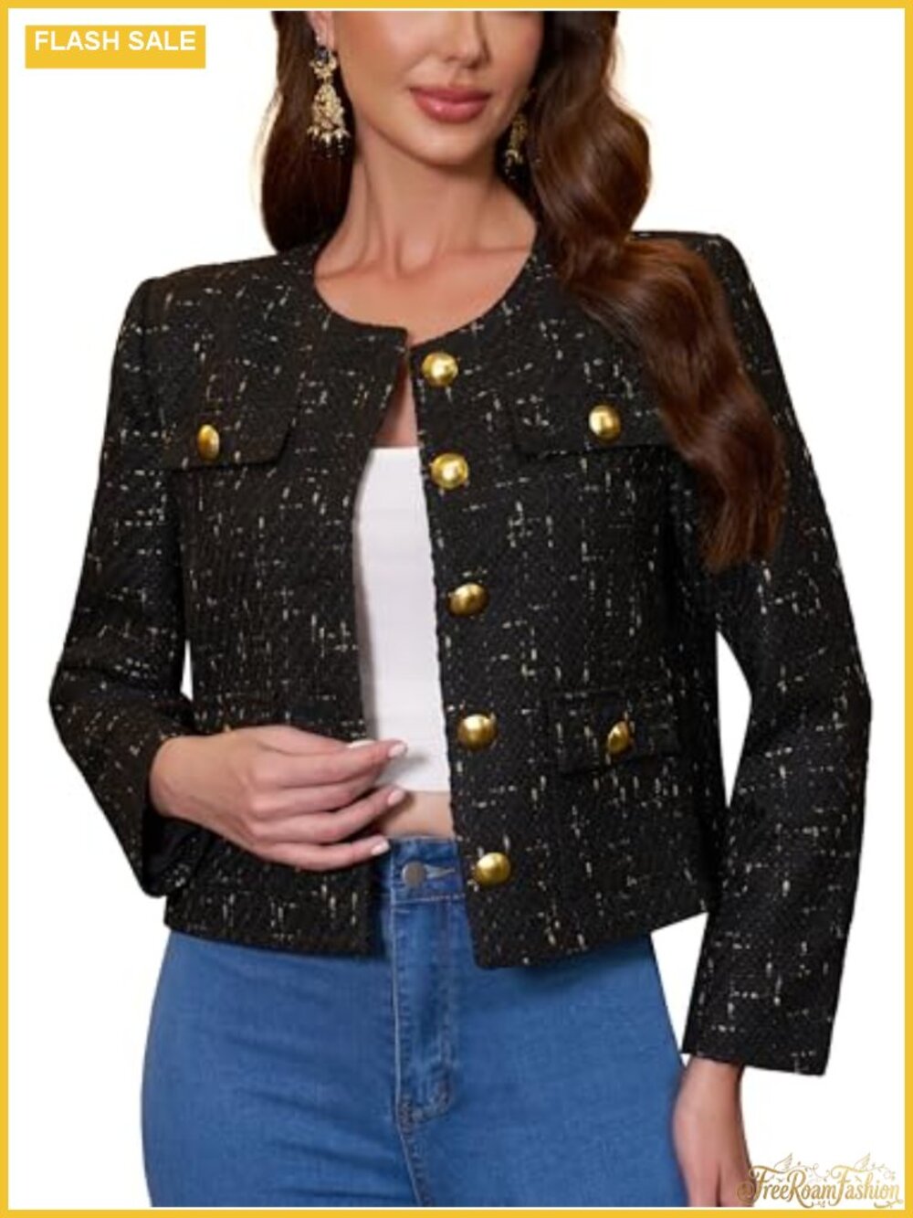 Cropped Tweed Blazer Women Collarless Gold-Tone Button Business Casual